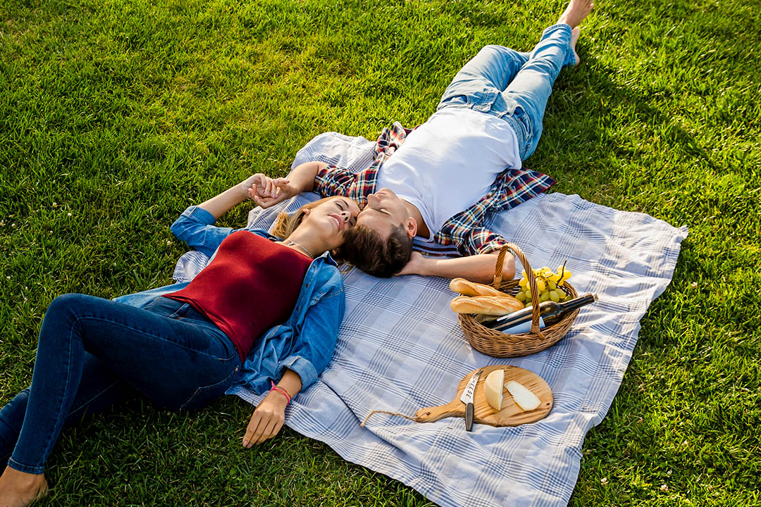 Picture looking down on a couple on a blanket on the grass having a picnic